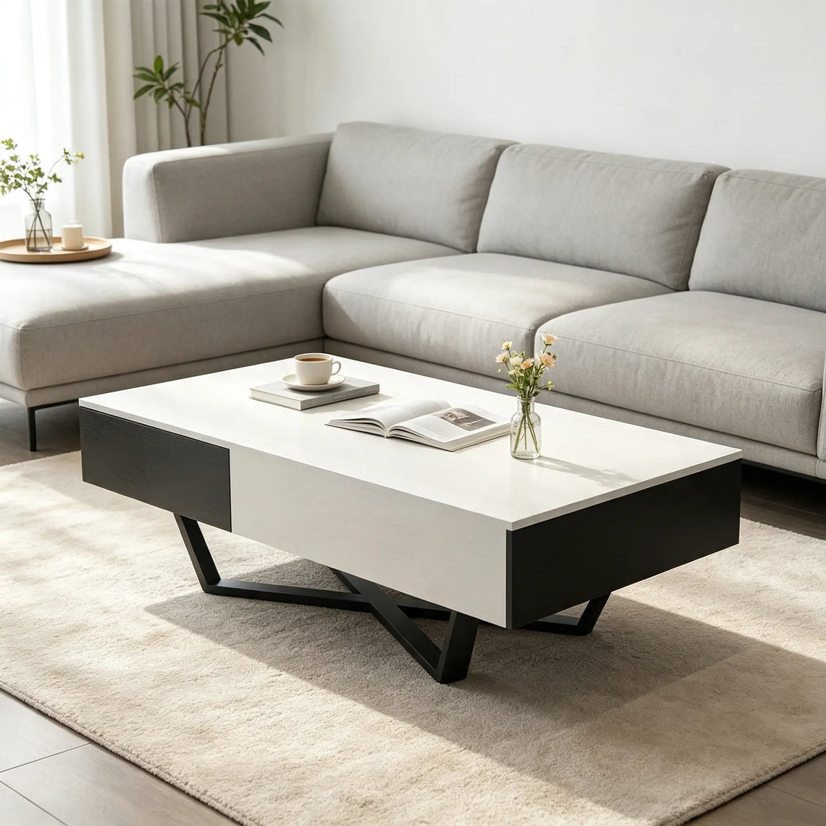 LIVARA Nordic Lift-Top Coffee Table - 120cm Modern Storage Table with Hidden Compartment & X-Shaped Metal Legs for Living Room - White & Black