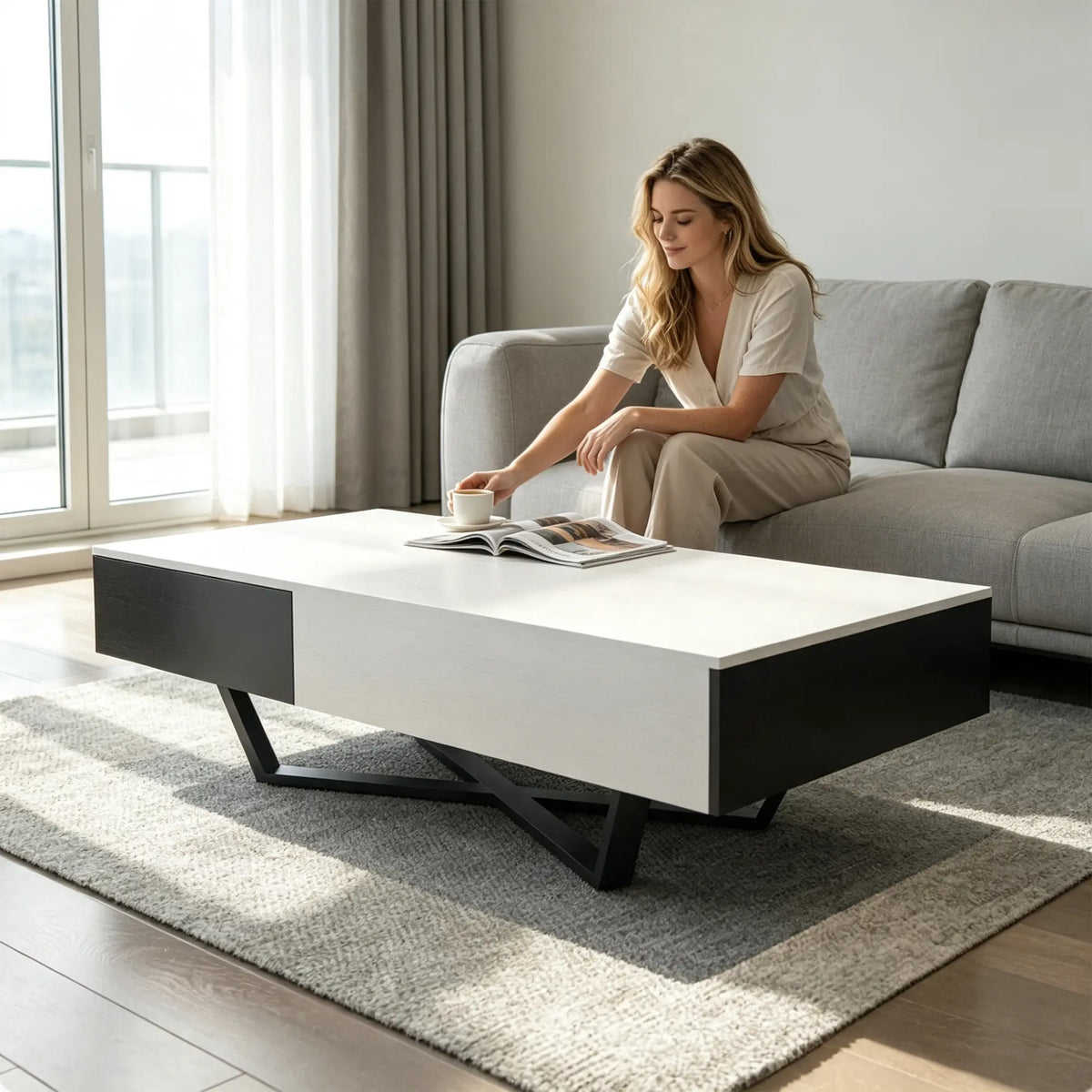 LIVARA Nordic Lift-Top Coffee Table - 120cm Modern Storage Table with Hidden Compartment & X-Shaped Metal Legs for Living Room - White & Black