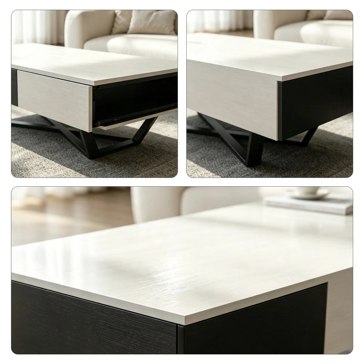 LIVARA Nordic Lift-Top Coffee Table - 120cm Modern Storage Table with Hidden Compartment & X-Shaped Metal Legs for Living Room - White & Black