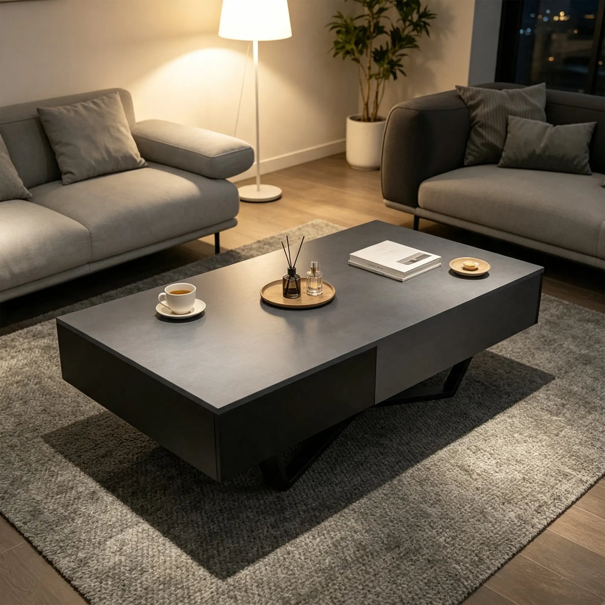 LIVARA Nordic Lift-Top Coffee Table - 120cm Modern Storage Table with Hidden Compartment & X-Shaped Metal Legs for Living Room - Grey & Black