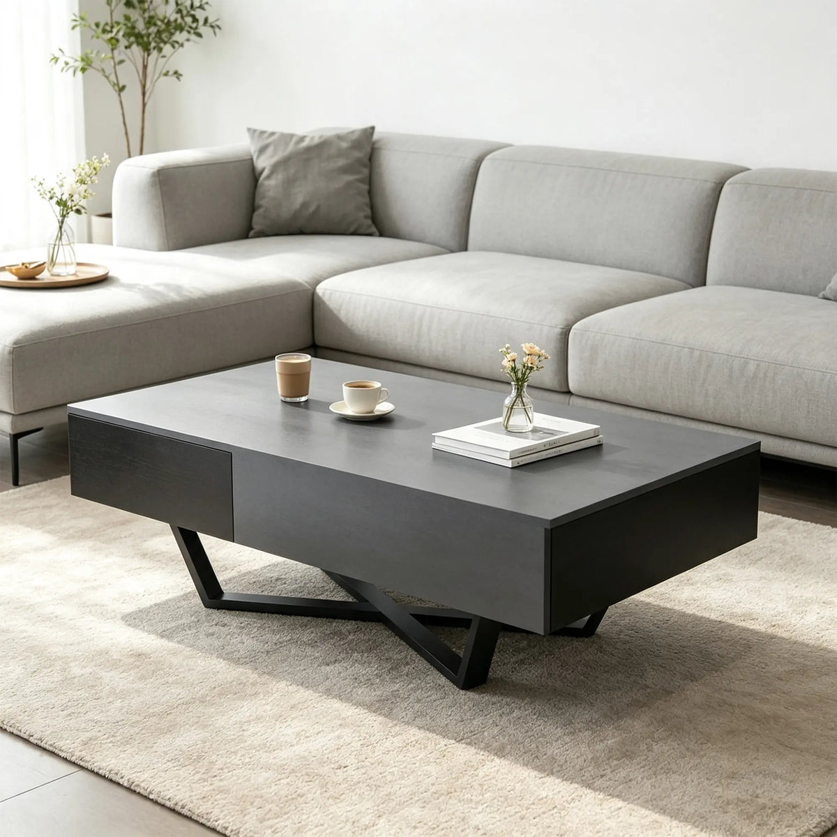 LIVARA Nordic Lift-Top Coffee Table - 120cm Modern Storage Table with Hidden Compartment & X-Shaped Metal Legs for Living Room - Grey & Black