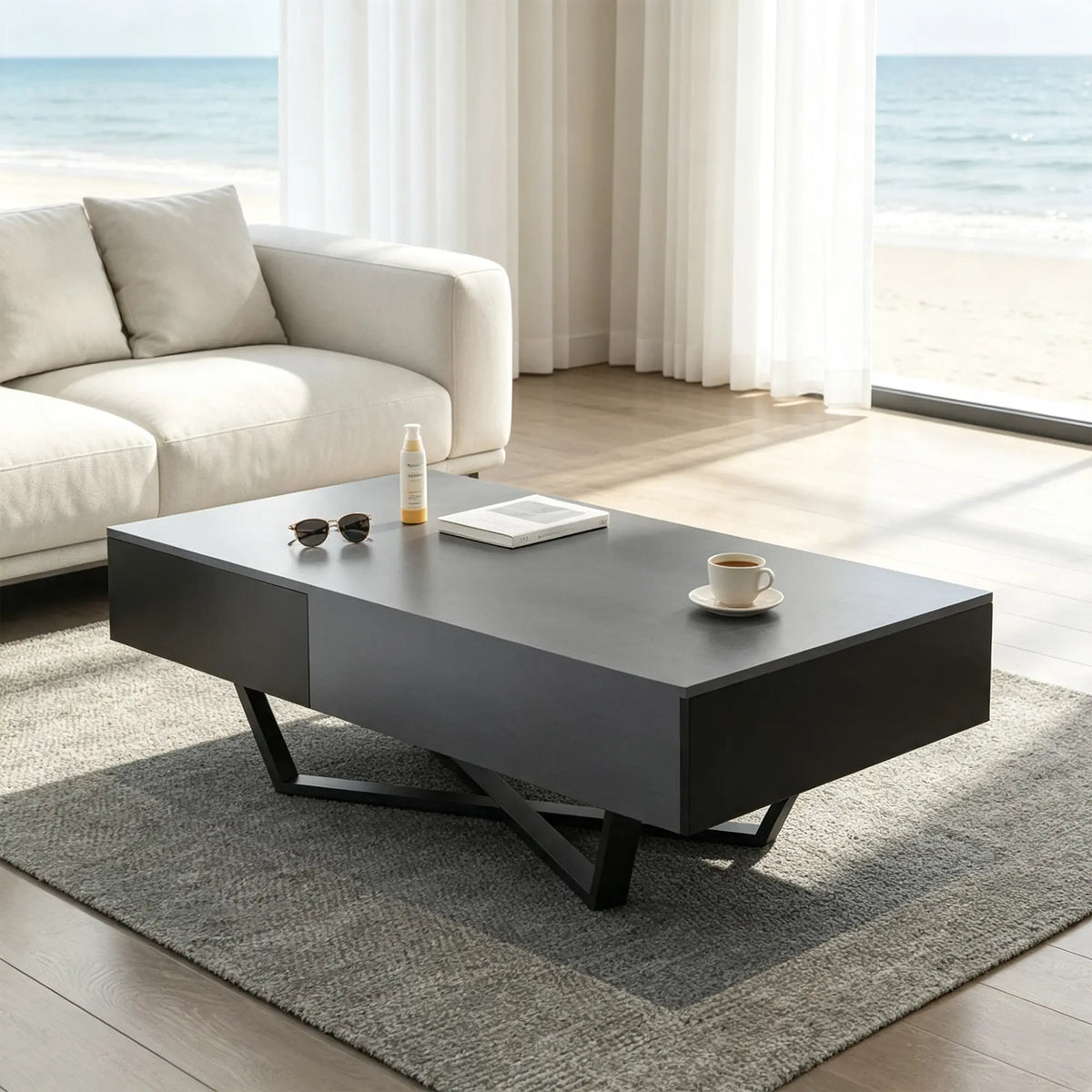 LIVARA Nordic Lift-Top Coffee Table - 120cm Modern Storage Table with Hidden Compartment & X-Shaped Metal Legs for Living Room - Grey & Black