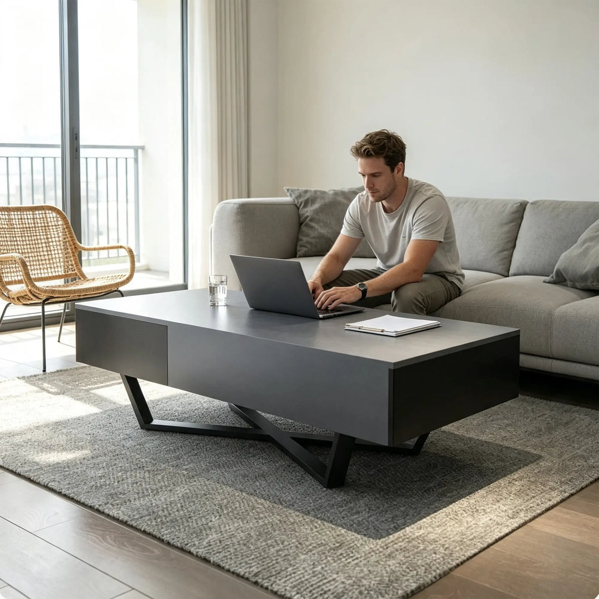 LIVARA Nordic Lift-Top Coffee Table - 120cm Modern Storage Table with Hidden Compartment & X-Shaped Metal Legs for Living Room - Grey & Black