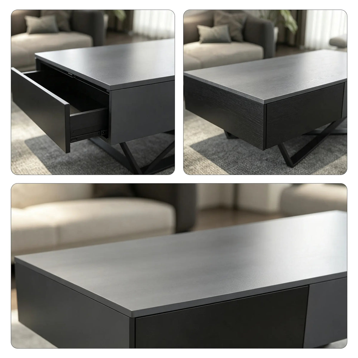 LIVARA Nordic Lift-Top Coffee Table - 120cm Modern Storage Table with Hidden Compartment & X-Shaped Metal Legs for Living Room - Grey & Black