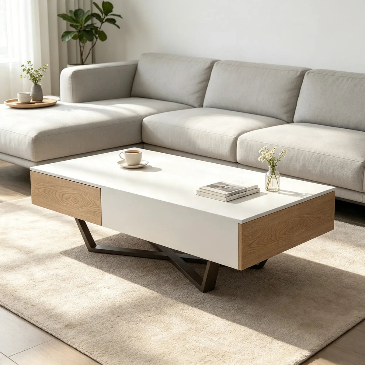 LIVARA Nordic Lift-Top Coffee Table - 120cm Modern Storage Table with Hidden Compartment & X-Shaped Metal Legs for Living Room - White & Wood