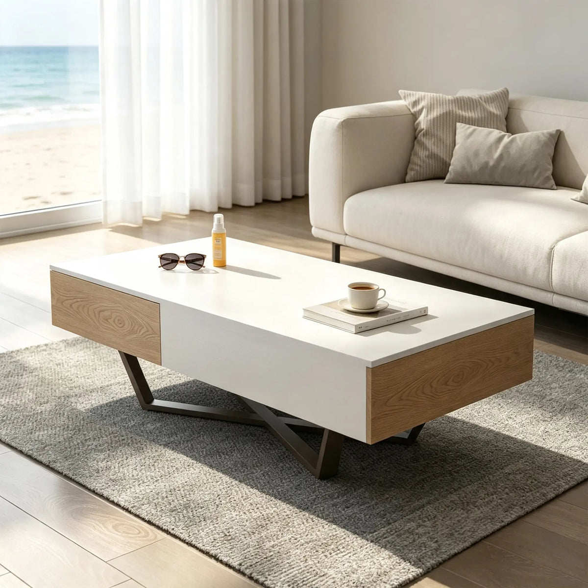LIVARA Nordic Lift-Top Coffee Table - 120cm Modern Storage Table with Hidden Compartment & X-Shaped Metal Legs for Living Room - White & Wood