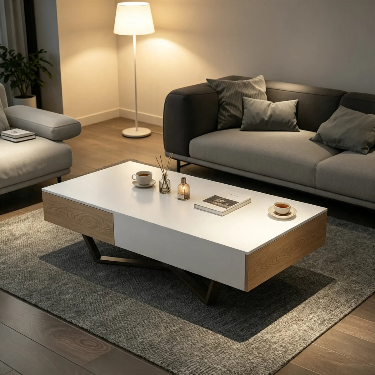 LIVARA Nordic Lift-Top Coffee Table - 120cm Modern Storage Table with Hidden Compartment & X-Shaped Metal Legs for Living Room - White & Wood