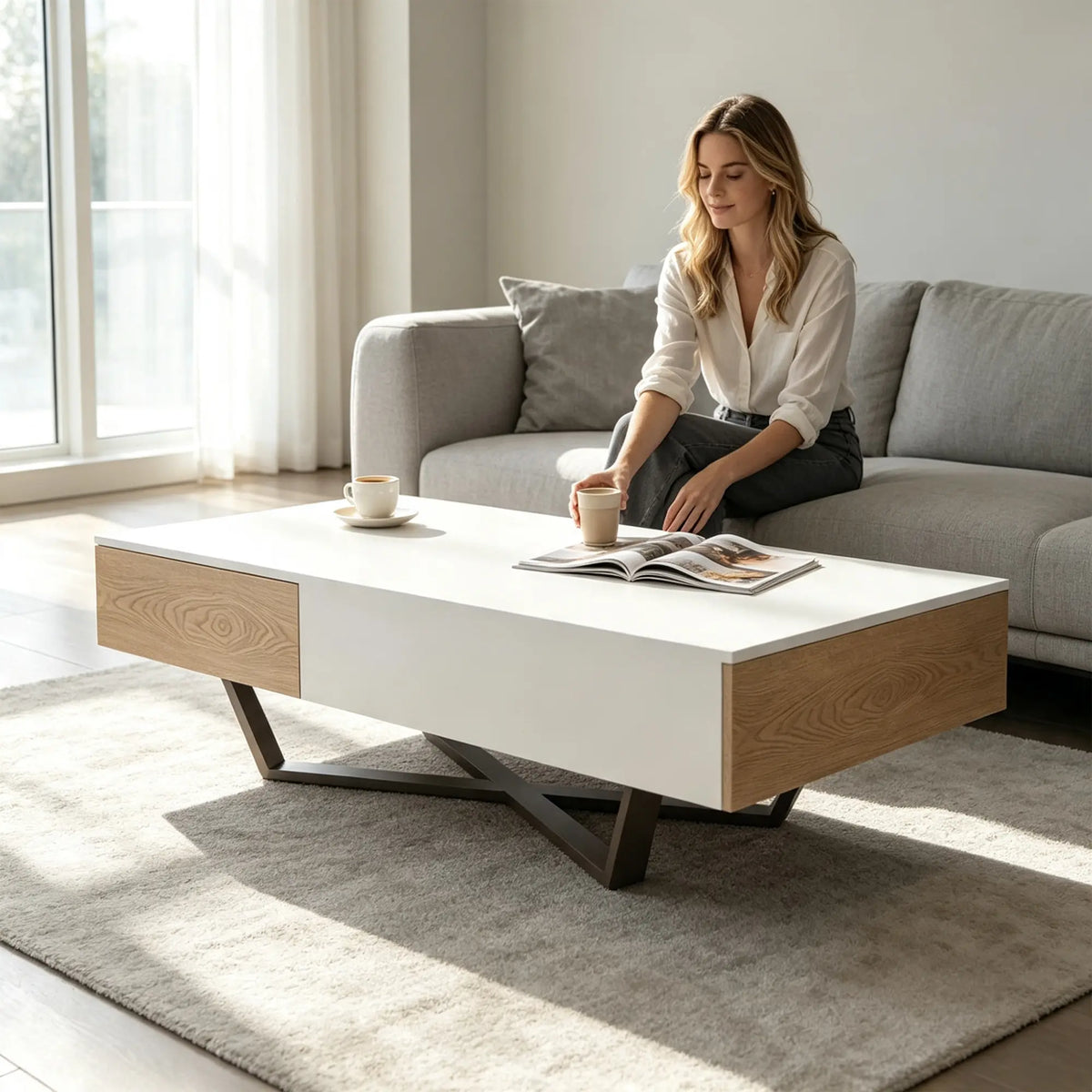 LIVARA Nordic Lift-Top Coffee Table - 120cm Modern Storage Table with Hidden Compartment & X-Shaped Metal Legs for Living Room - White & Wood