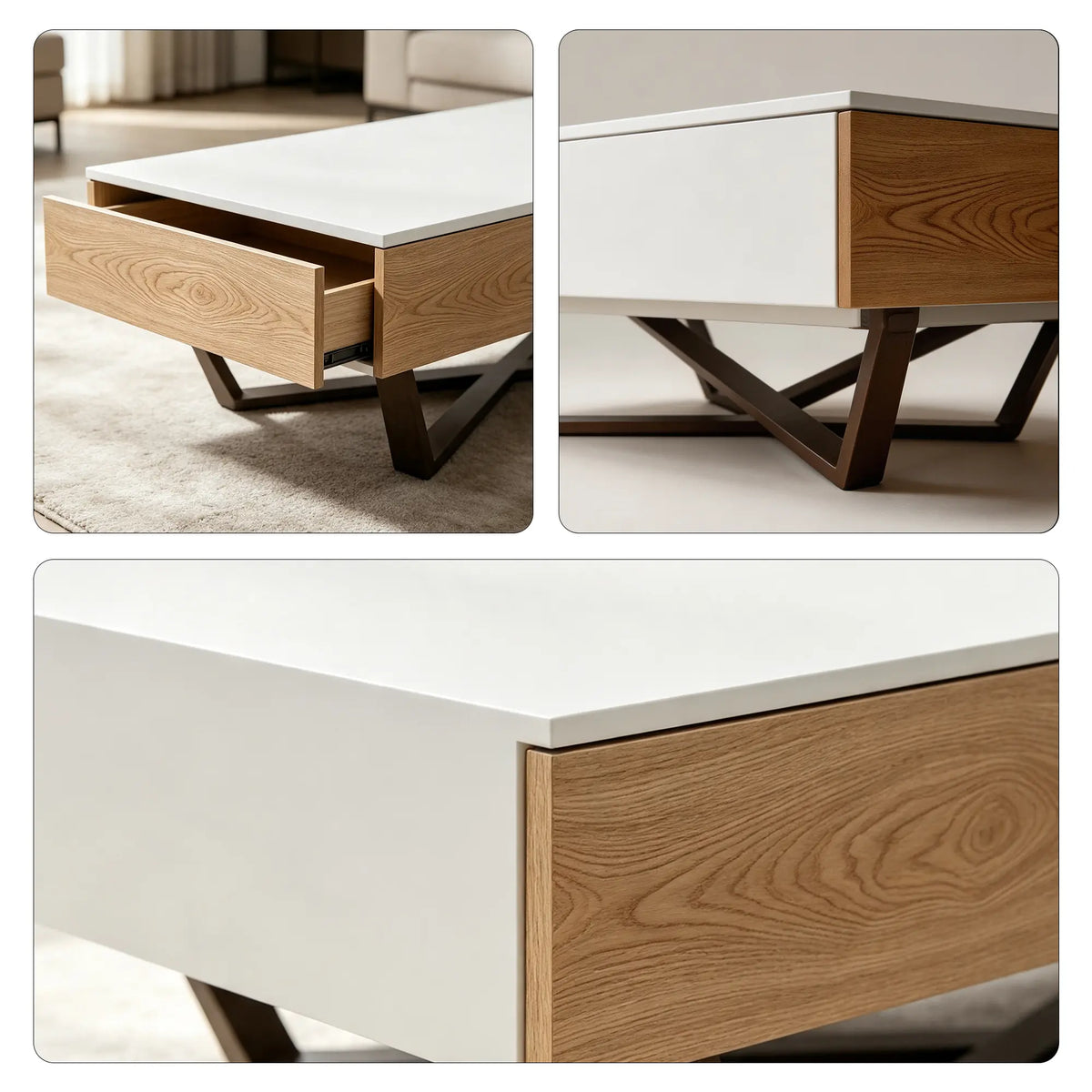 LIVARA Nordic Lift-Top Coffee Table - 120cm Modern Storage Table with Hidden Compartment & X-Shaped Metal Legs for Living Room - White & Wood