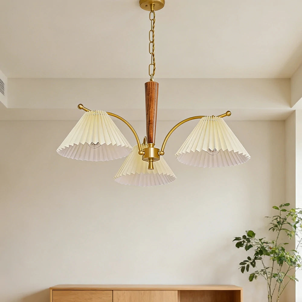 LIVARA Vintage Chandelier 3-Light Pleated Shade E27 6W Warm Light Rubber Wood Frame Elegant Design for Dining Room Living Room Bedroom