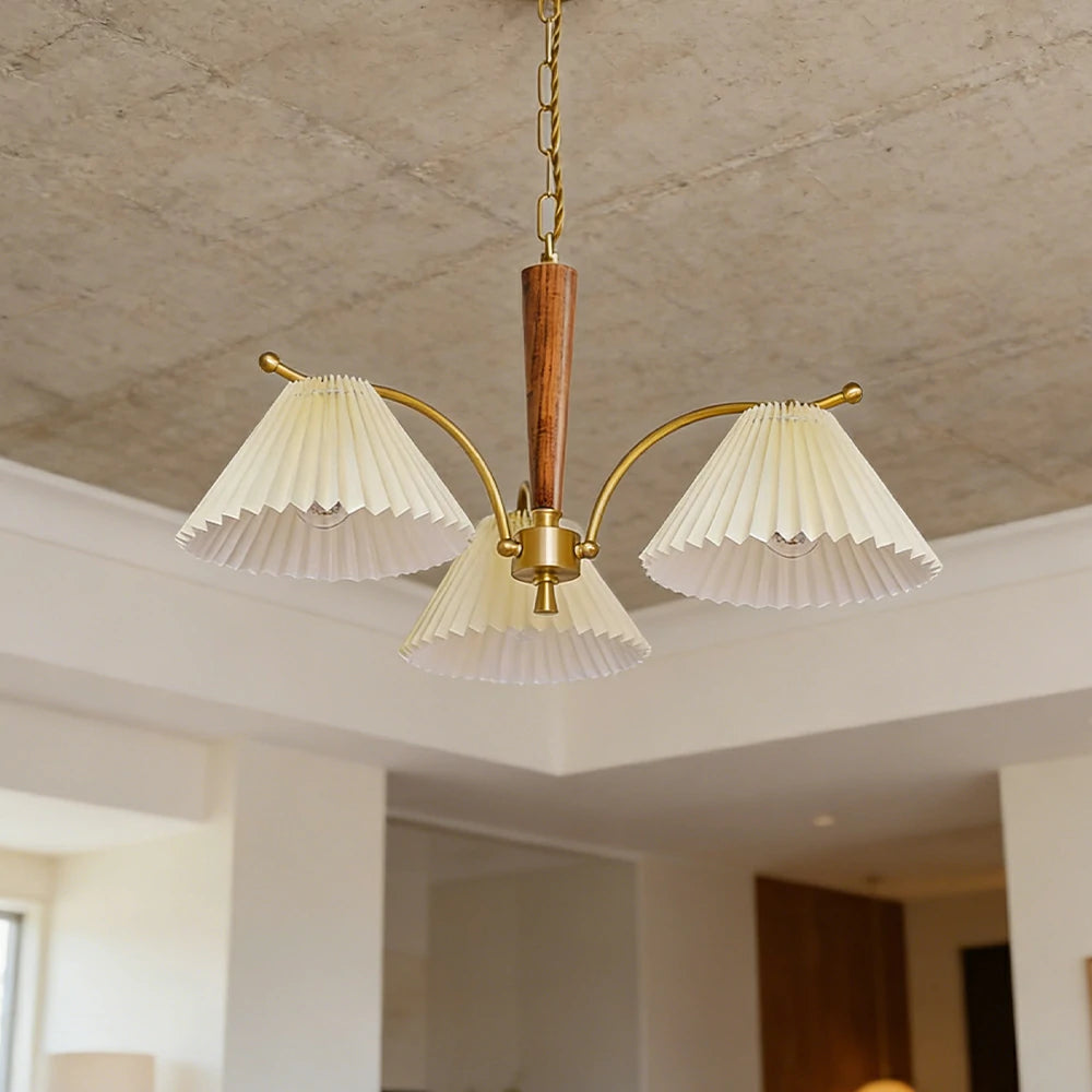 LIVARA Vintage Chandelier 3-Light Pleated Shade E27 6W Warm Light Rubber Wood Frame Elegant Design for Dining Room Living Room Bedroom