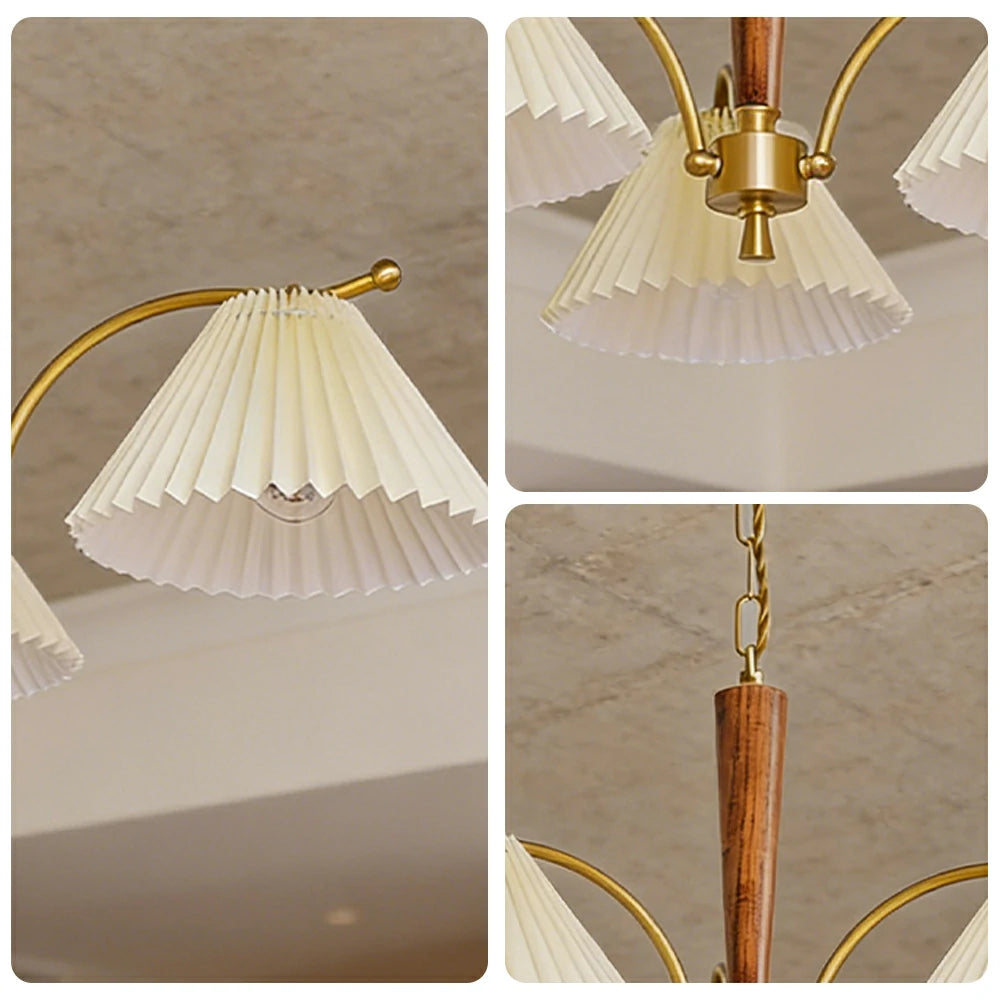 LIVARA Vintage Chandelier 3-Light Pleated Shade E27 6W Warm Light Rubber Wood Frame Elegant Design for Dining Room Living Room Bedroom
