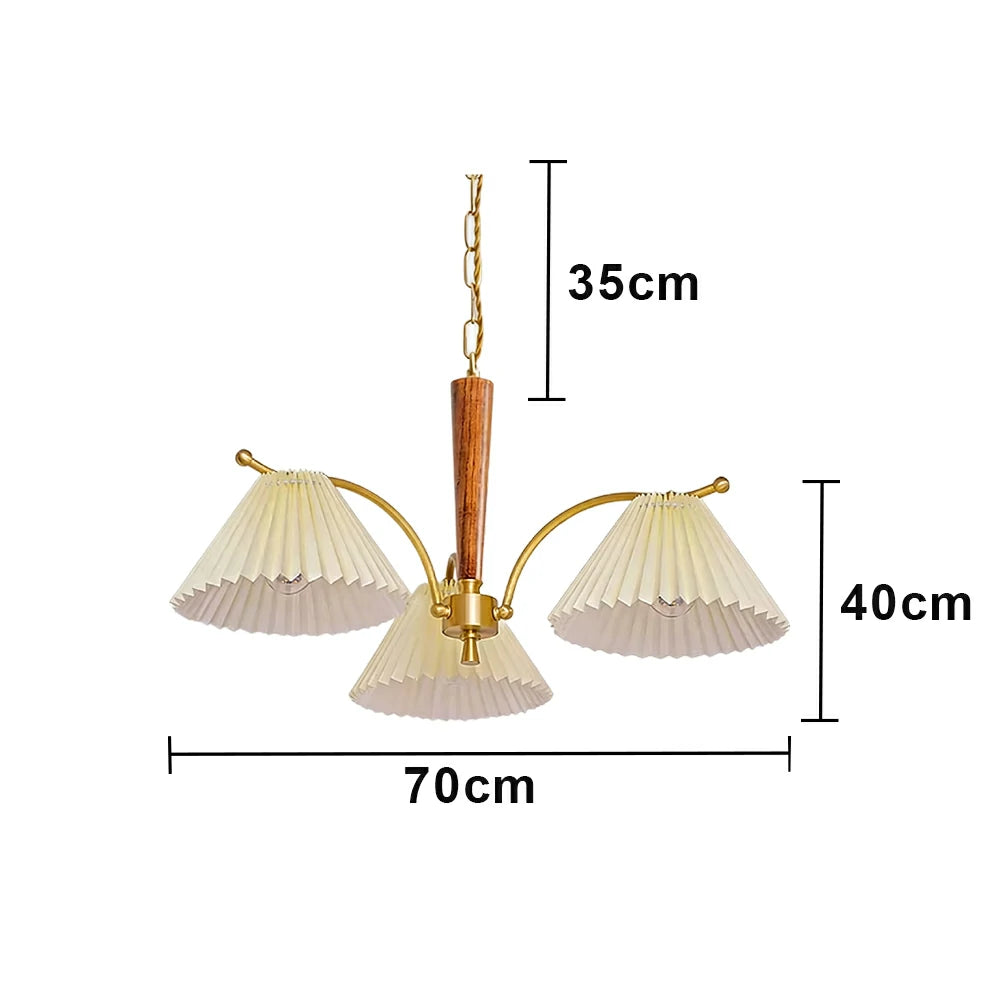 LIVARA Vintage Chandelier 3-Light Pleated Shade E27 6W Warm Light Rubber Wood Frame Elegant Design for Dining Room Living Room Bedroom