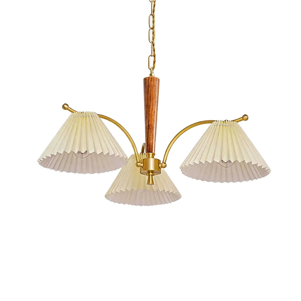 LIVARA Vintage Chandelier 3-Light Pleated Shade E27 6W Warm Light Rubber Wood Frame Elegant Design for Dining Room Living Room Bedroom