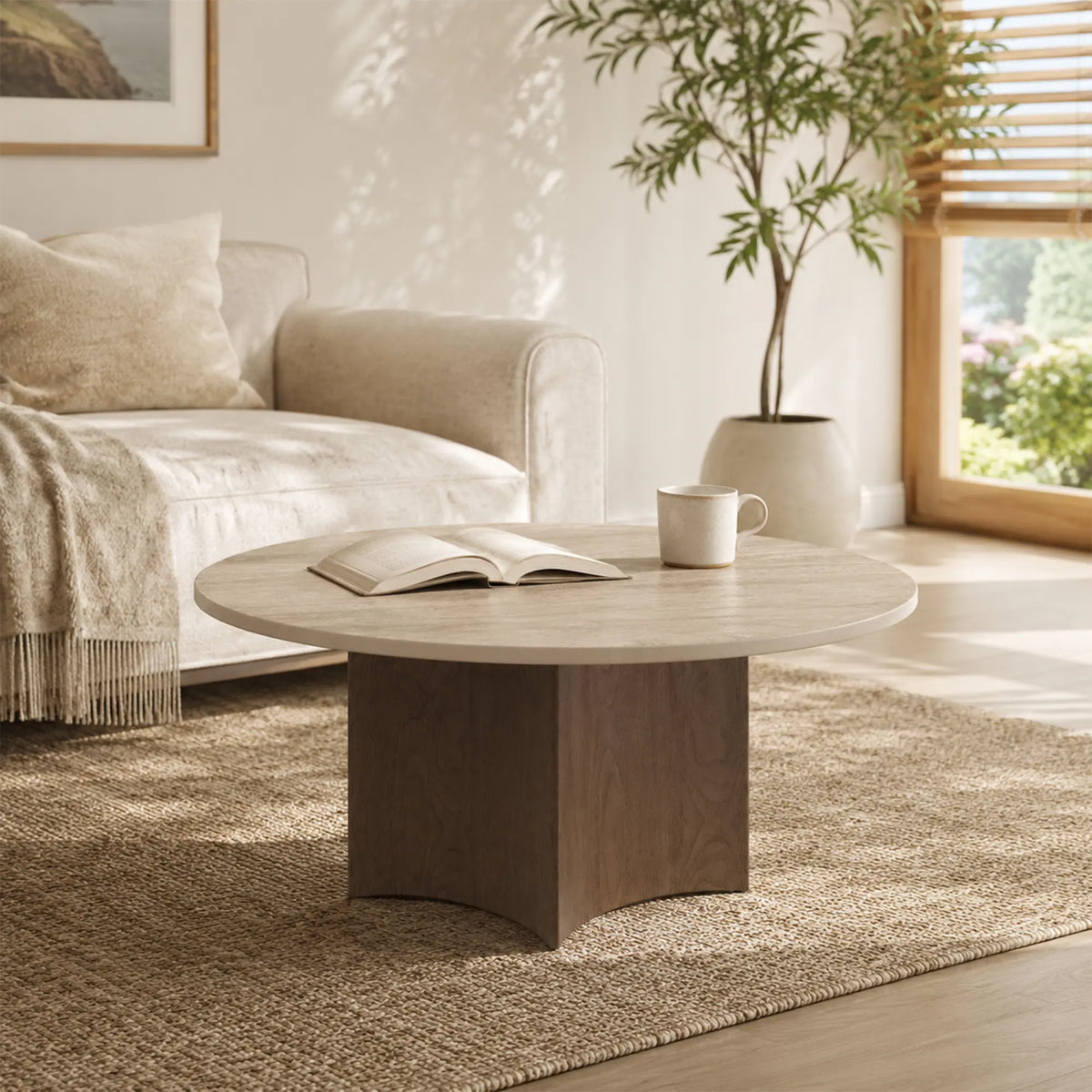 LIVARA Round Sintered Stone Coffee Table Travertine Pattern Black Walnut Base 80/90cm for Living Room Tea Room Lounge
