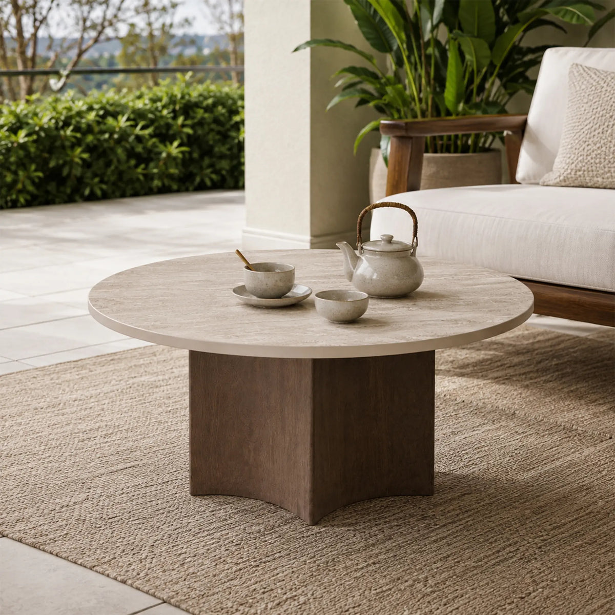 LIVARA Round Sintered Stone Coffee Table Travertine Pattern Black Walnut Base 80/90cm for Living Room Tea Room Lounge
