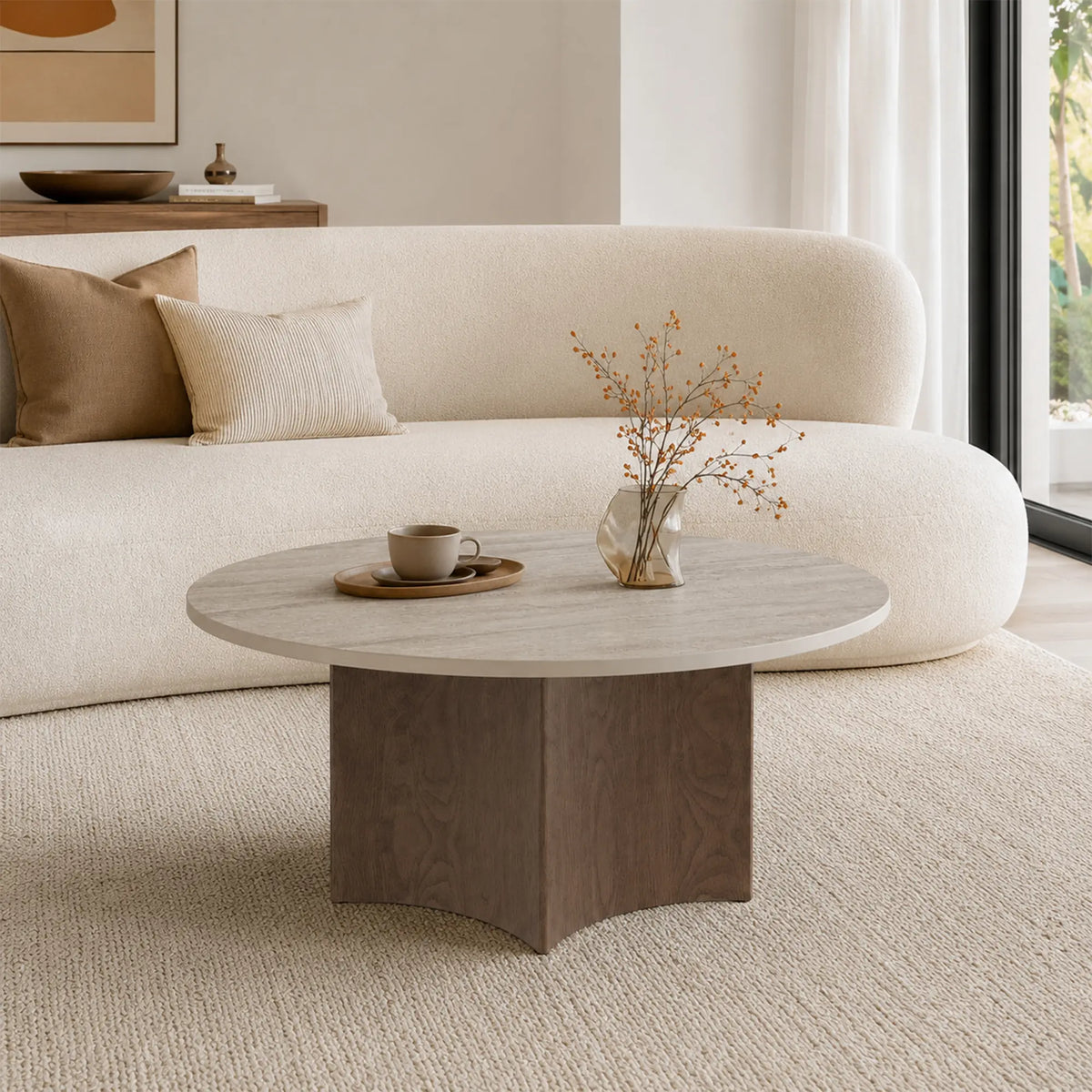 LIVARA Round Sintered Stone Coffee Table Travertine Pattern Black Walnut Base 80/90cm for Living Room Tea Room Lounge