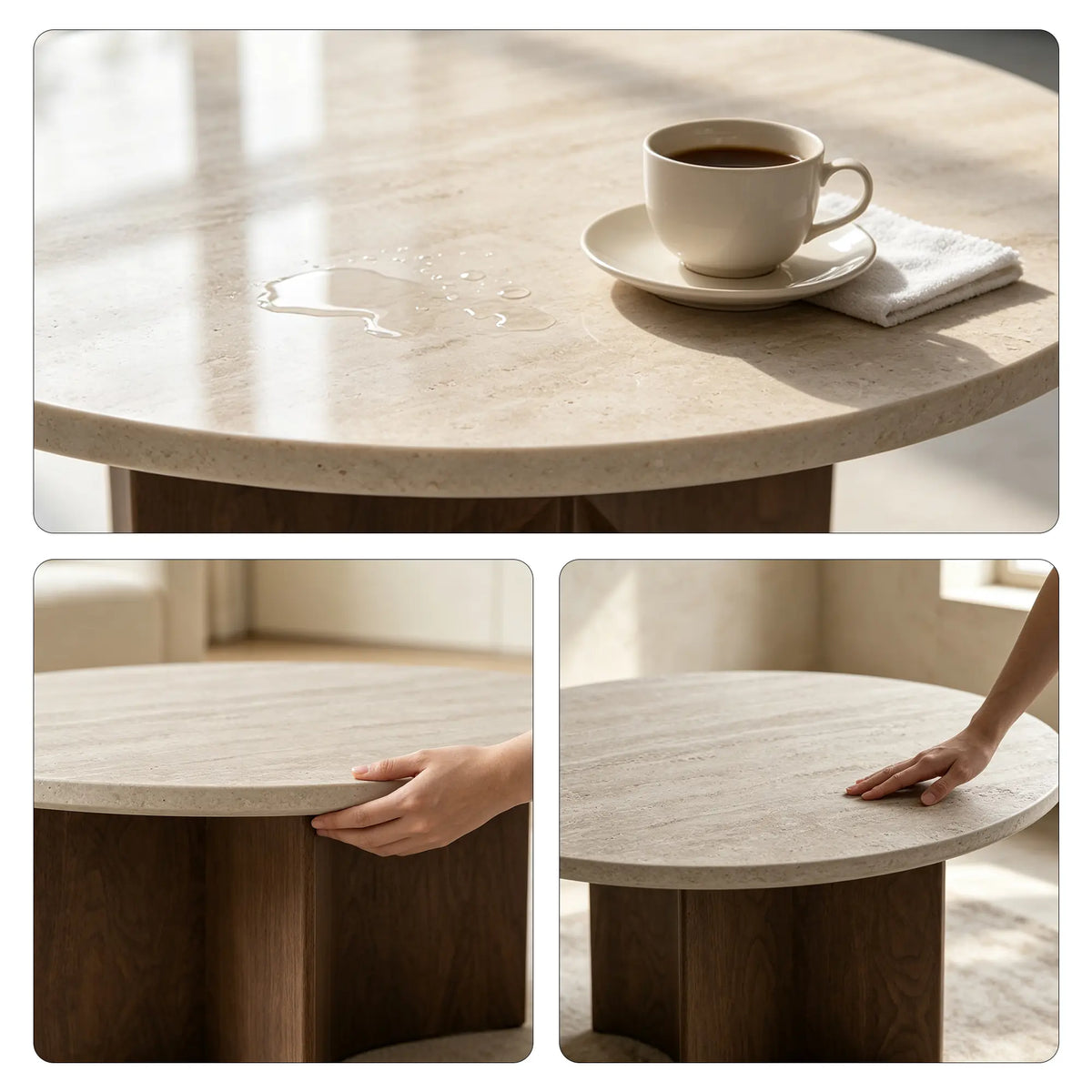 LIVARA Round Sintered Stone Coffee Table Travertine Pattern Black Walnut Base 80/90cm for Living Room Tea Room Lounge