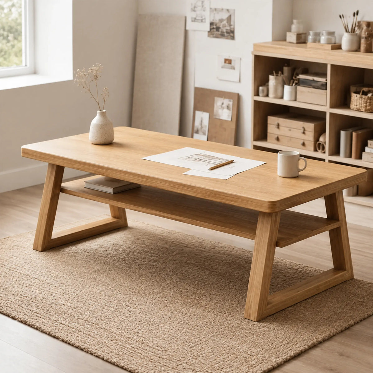 LIVARA Pine Wood Computer Desk Trapezoidal Legs Spacious Worktop Storage Shelf 120/140cm for Study Home Office Workspace - Wood