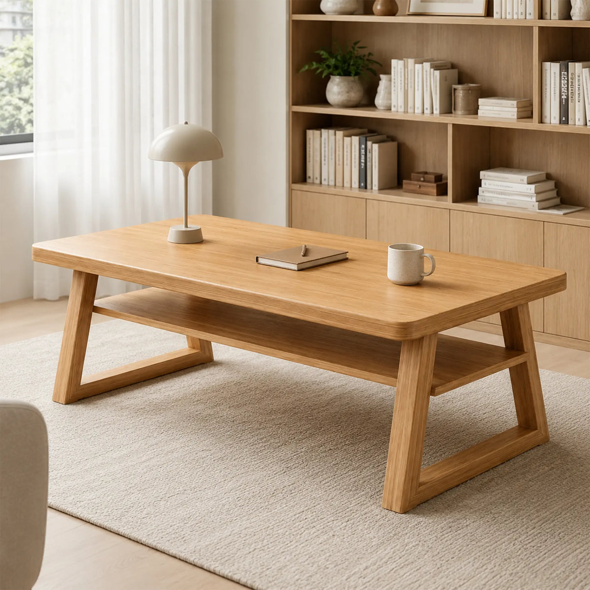 LIVARA Pine Wood Computer Desk Trapezoidal Legs Spacious Worktop Storage Shelf 120/140cm for Study Home Office Workspace - Wood