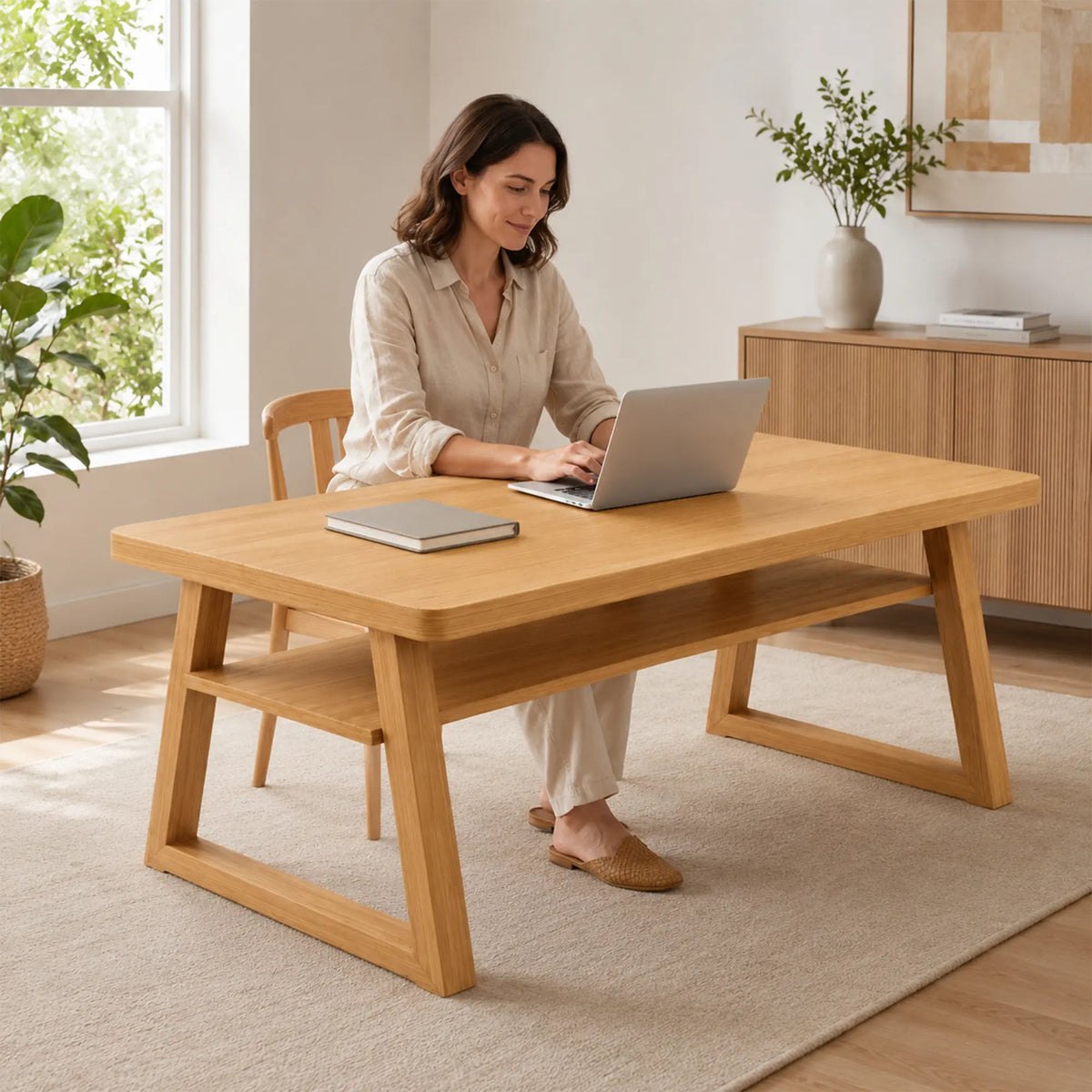 LIVARA Pine Wood Computer Desk Trapezoidal Legs Spacious Worktop Storage Shelf 120/140cm for Study Home Office Workspace - Wood