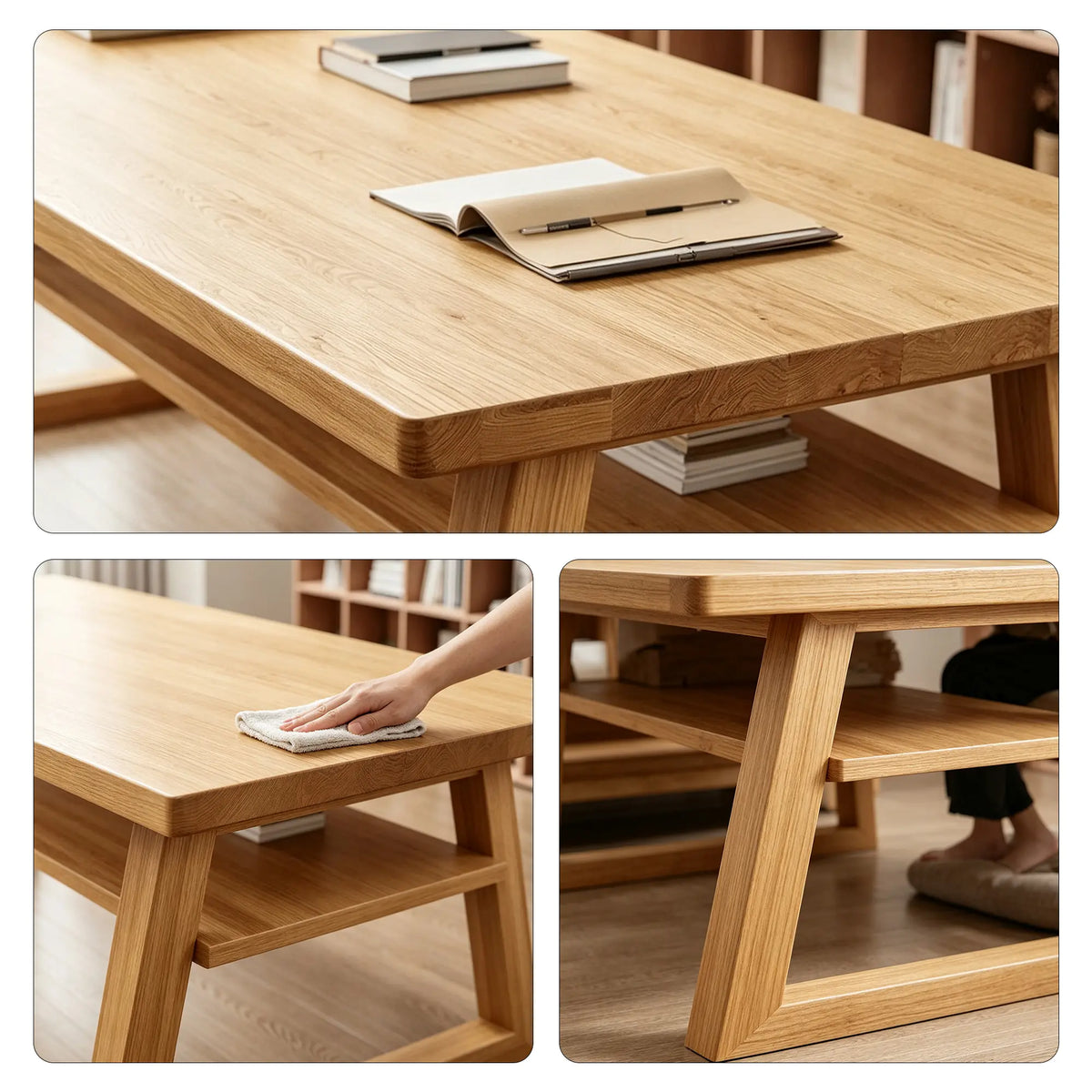 LIVARA Pine Wood Computer Desk Trapezoidal Legs Spacious Worktop Storage Shelf 120/140cm for Study Home Office Workspace - Wood