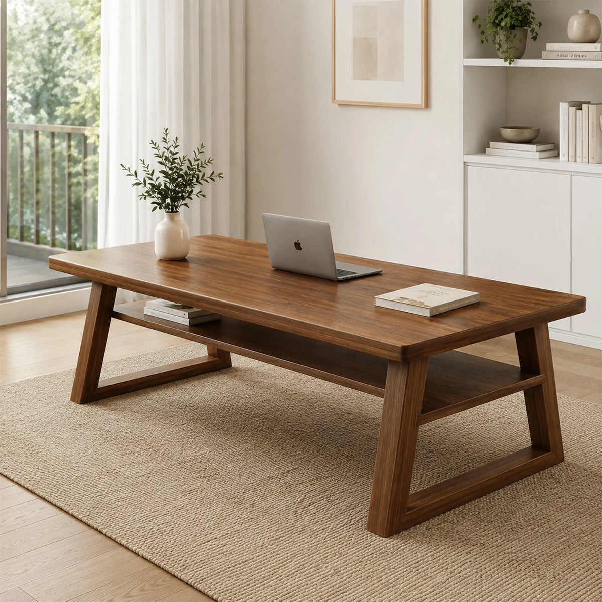 LIVARA Pine Wood Computer Desk Trapezoidal Legs Spacious Worktop Storage Shelf 120/140cm for Study Home Office Workspace - Walnut