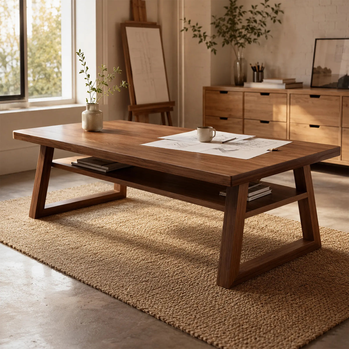 LIVARA Pine Wood Computer Desk Trapezoidal Legs Spacious Worktop Storage Shelf 120/140cm for Study Home Office Workspace - Walnut