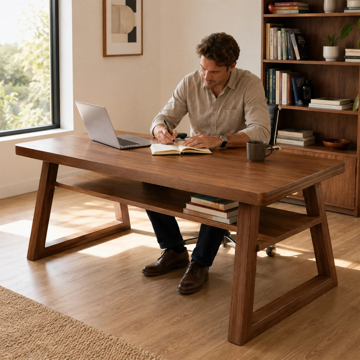 LIVARA Pine Wood Computer Desk Trapezoidal Legs Spacious Worktop Storage Shelf 120/140cm for Study Home Office Workspace - Walnut