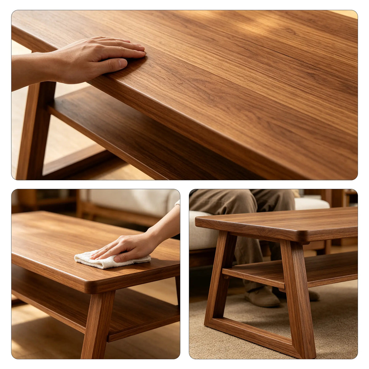 LIVARA Pine Wood Computer Desk Trapezoidal Legs Spacious Worktop Storage Shelf 120/140cm for Study Home Office Workspace - Walnut