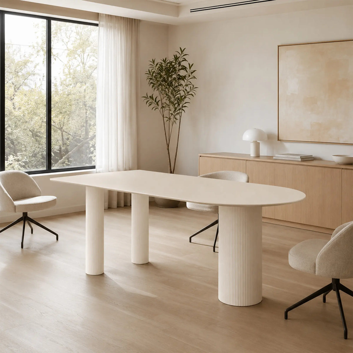 LIVARA Sintered Stone Dining Table Matte Top Roman Column Base Carbon Steel Support for Dining Room Kitchen Family Gathering - White