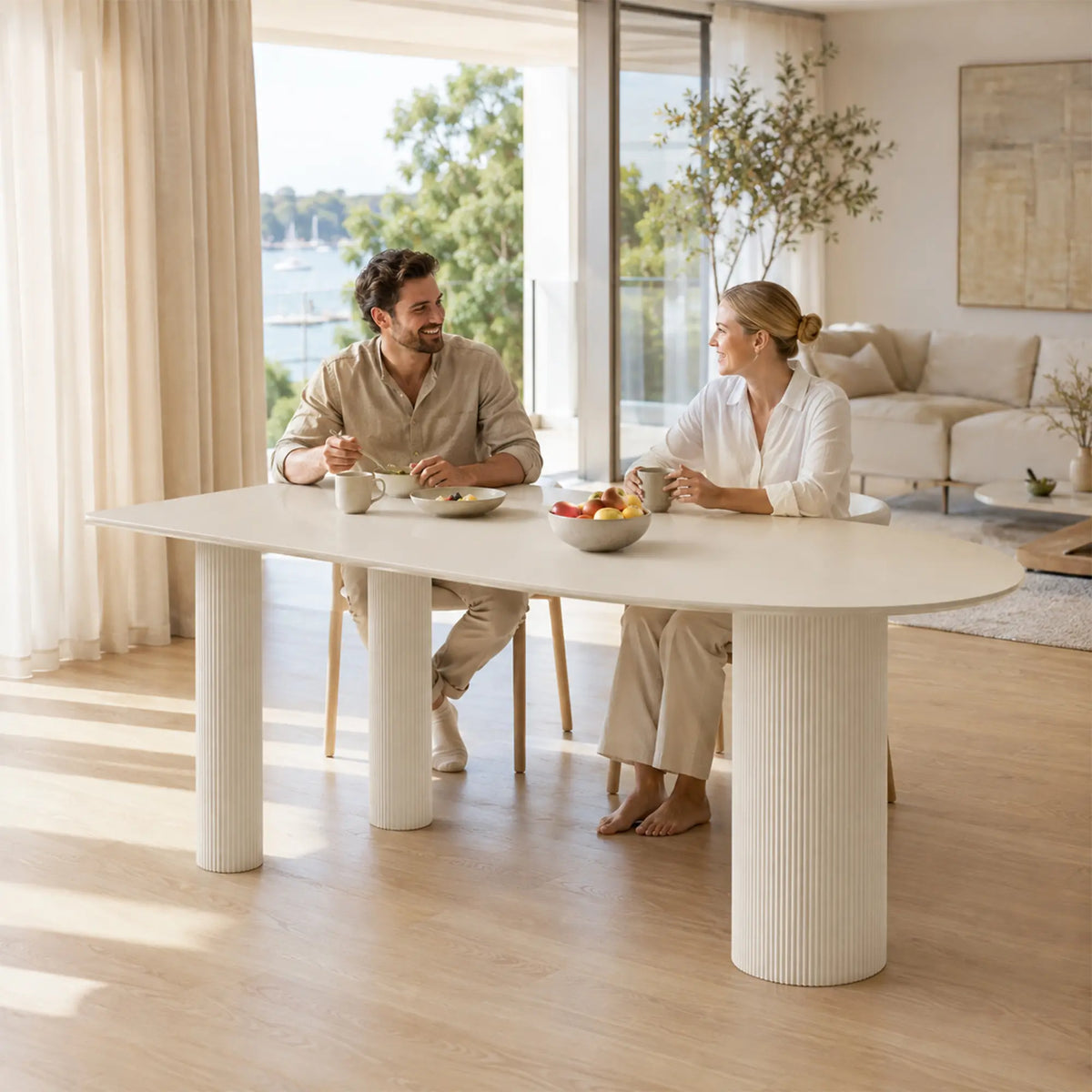 LIVARA Sintered Stone Dining Table Matte Top Roman Column Base Carbon Steel Support for Dining Room Kitchen Family Gathering - White