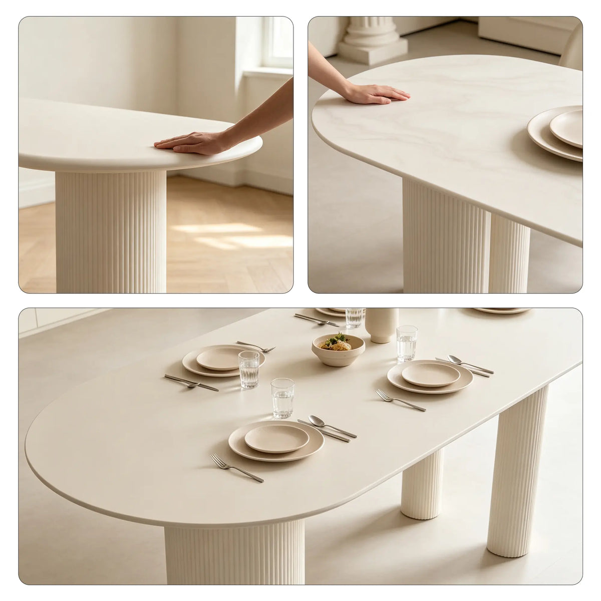 LIVARA Sintered Stone Dining Table Matte Top Roman Column Base Carbon Steel Support for Dining Room Kitchen Family Gathering - White