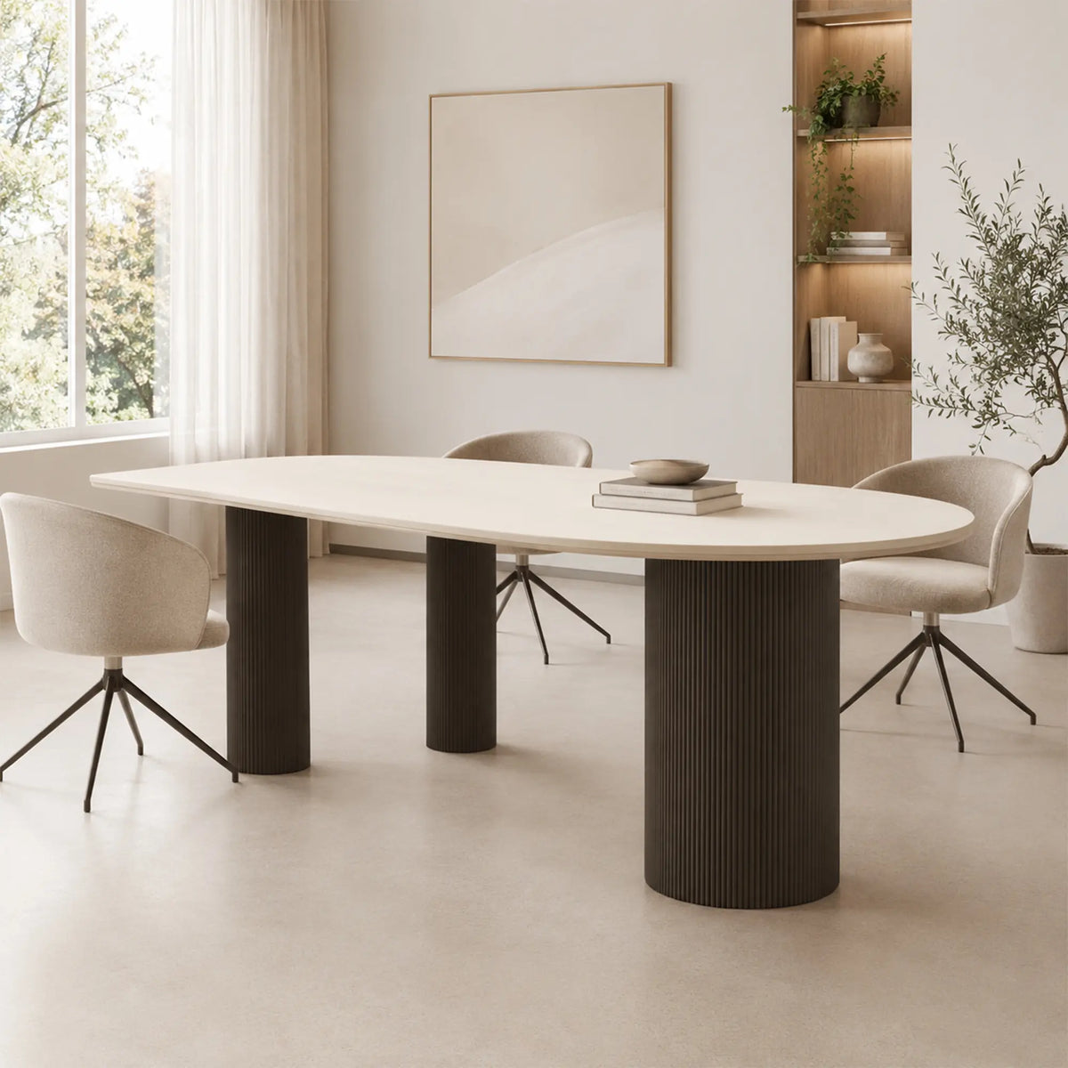 LIVARA Sintered Stone Dining Table Matte Top Roman Column Base Carbon Steel Support for Dining Room Kitchen Family Gathering - White & Black