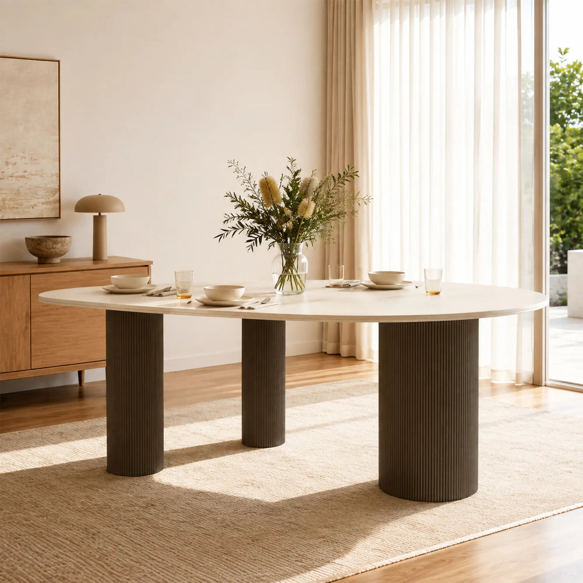 LIVARA Sintered Stone Dining Table Matte Top Roman Column Base Carbon Steel Support for Dining Room Kitchen Family Gathering - White & Black