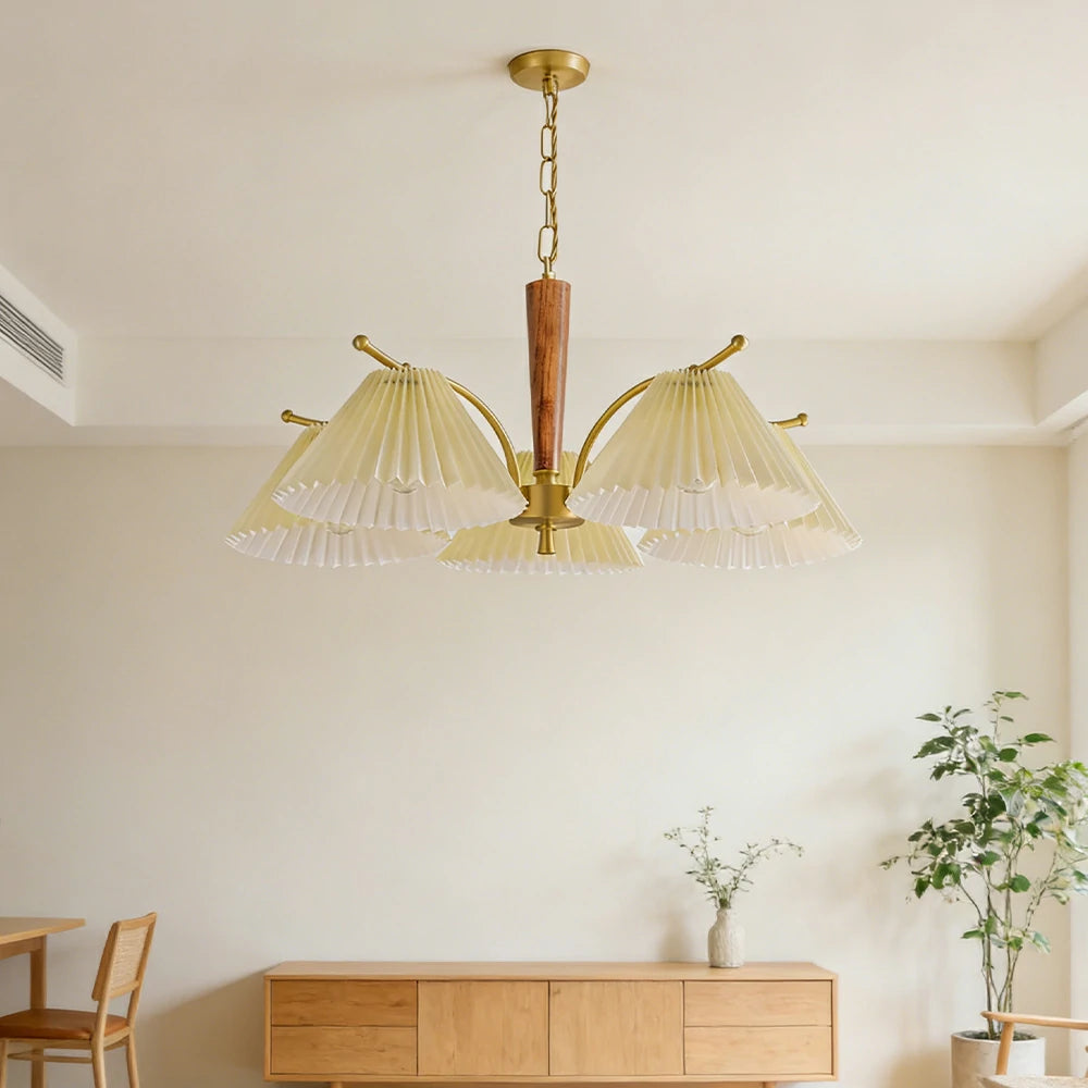 LIVARA Vintage Chandelier 5-Light Pleated Shade E27 6W Warm Light Rubber Wood Frame Elegant Design for Dining Room Living Room Bedroom