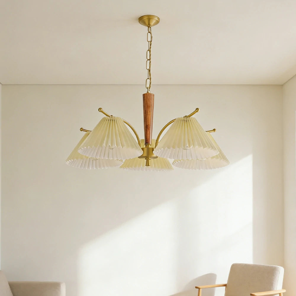 LIVARA Vintage Chandelier 5-Light Pleated Shade E27 6W Warm Light Rubber Wood Frame Elegant Design for Dining Room Living Room Bedroom