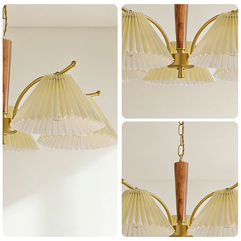 LIVARA Vintage Chandelier 5-Light Pleated Shade E27 6W Warm Light Rubber Wood Frame Elegant Design for Dining Room Living Room Bedroom