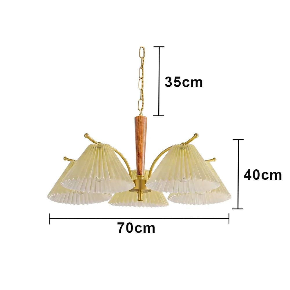 LIVARA Vintage Chandelier 5-Light Pleated Shade E27 6W Warm Light Rubber Wood Frame Elegant Design for Dining Room Living Room Bedroom