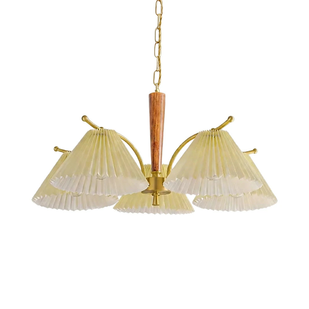 LIVARA Vintage Chandelier 5-Light Pleated Shade E27 6W Warm Light Rubber Wood Frame Elegant Design for Dining Room Living Room Bedroom