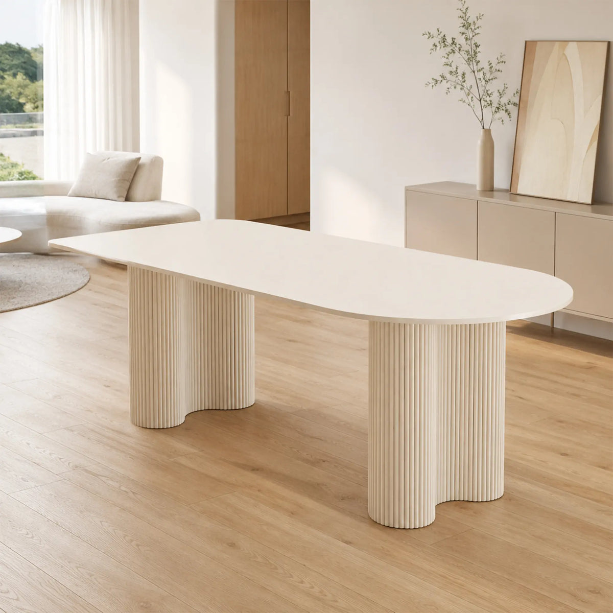 LIVARA Modern Dining Table Cream White Sintered Stone Top Rounded Corners Stable Frame for Dining Room Apartment Home - White