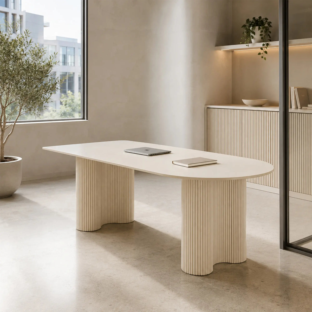 LIVARA Modern Dining Table Cream White Sintered Stone Top Rounded Corners Stable Frame for Dining Room Apartment Home - White
