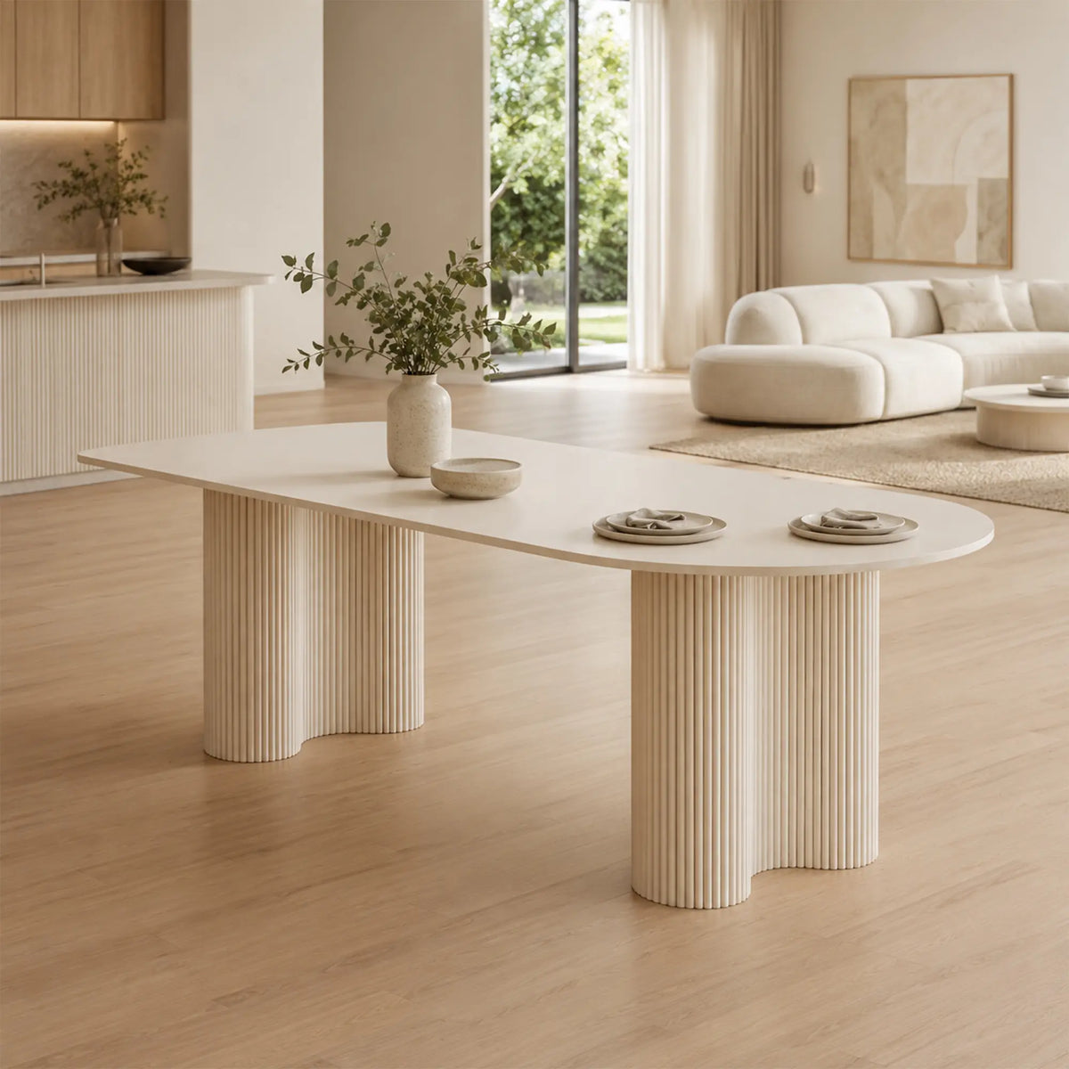 LIVARA Modern Dining Table Cream White Sintered Stone Top Rounded Corners Stable Frame for Dining Room Apartment Home - White