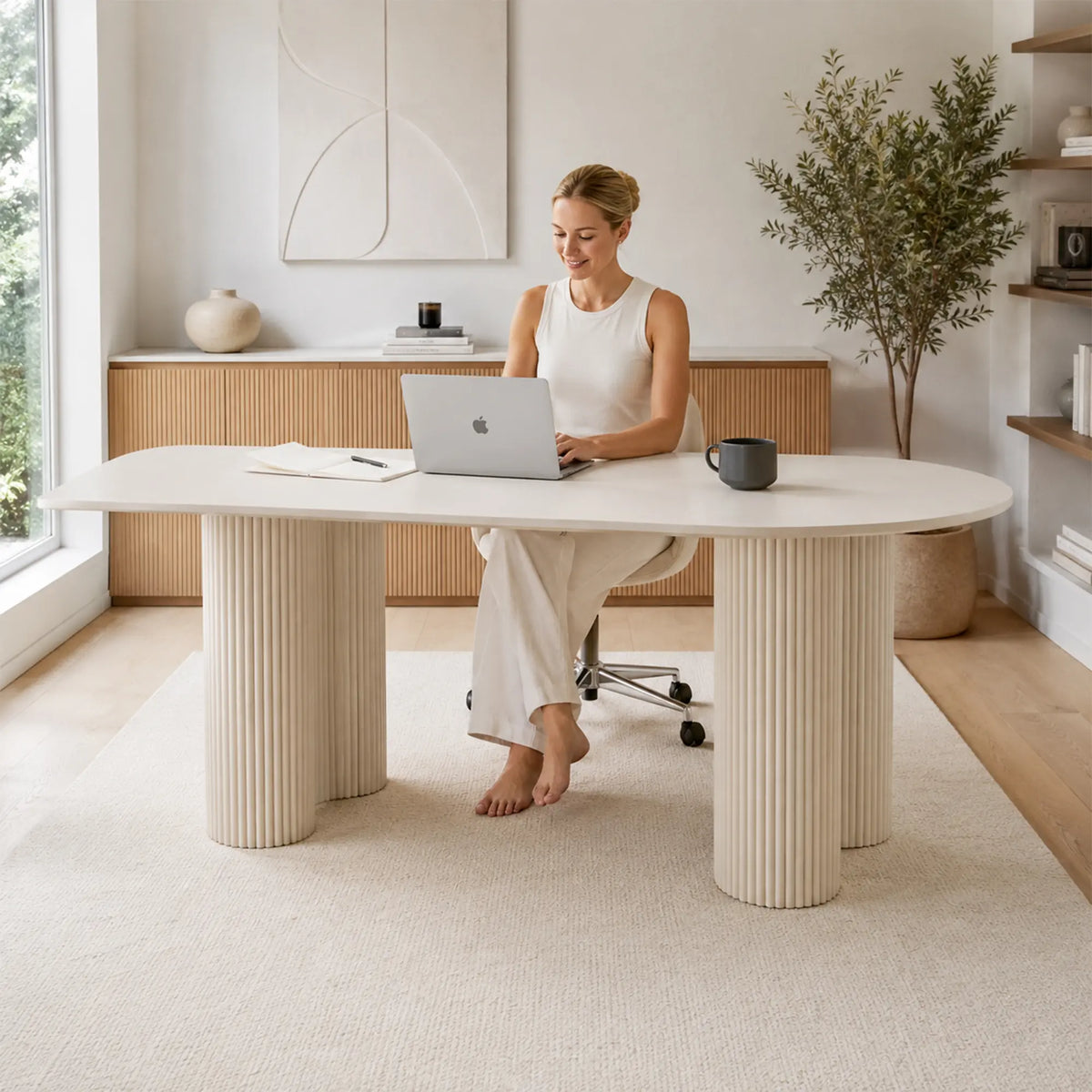 LIVARA Modern Dining Table Cream White Sintered Stone Top Rounded Corners Stable Frame for Dining Room Apartment Home - White
