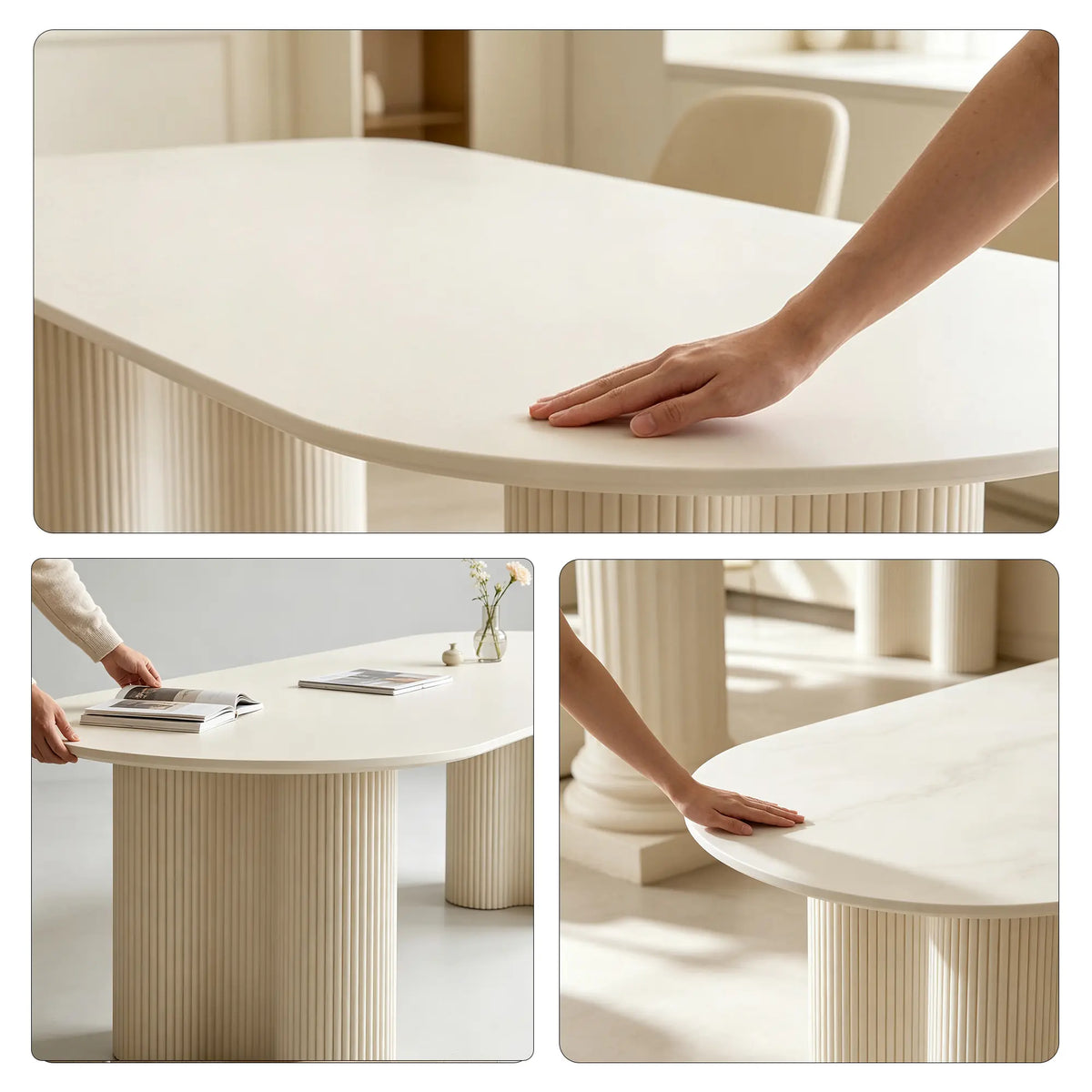 LIVARA Modern Dining Table Cream White Sintered Stone Top Rounded Corners Stable Frame for Dining Room Apartment Home - White