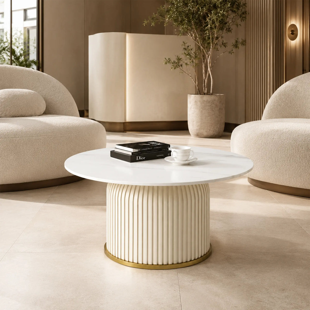LIVARA Round Sintered Stone Coffee Table 12mm Thick Top Microfiber Leather Base Brushed Gold Trim for Living Room Apartment Lounge - White