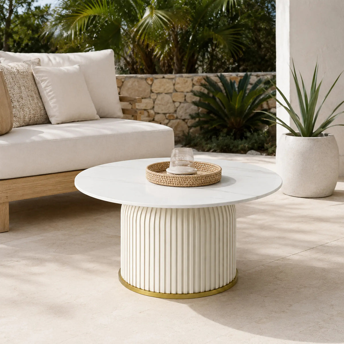 LIVARA Round Sintered Stone Coffee Table 12mm Thick Top Microfiber Leather Base Brushed Gold Trim for Living Room Apartment Lounge - White