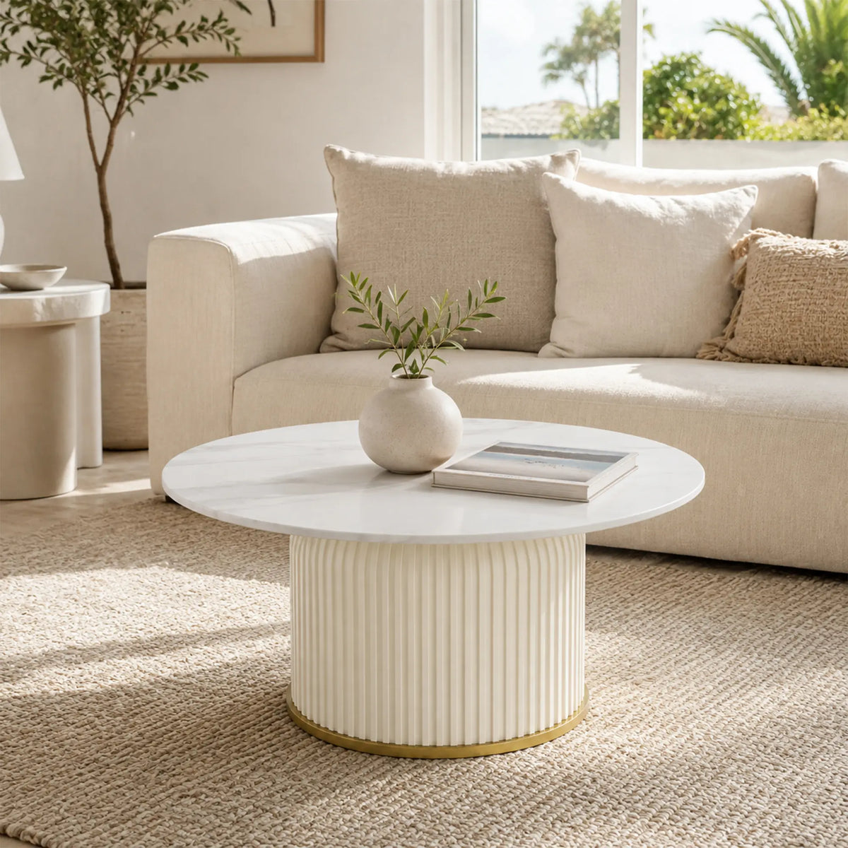 LIVARA Round Sintered Stone Coffee Table 12mm Thick Top Microfiber Leather Base Brushed Gold Trim for Living Room Apartment Lounge - White
