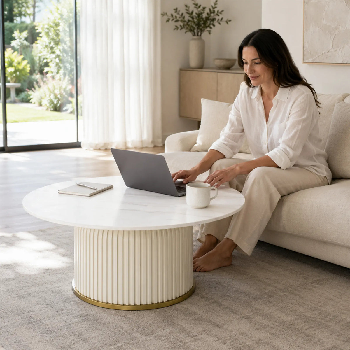 LIVARA Round Sintered Stone Coffee Table 12mm Thick Top Microfiber Leather Base Brushed Gold Trim for Living Room Apartment Lounge - White