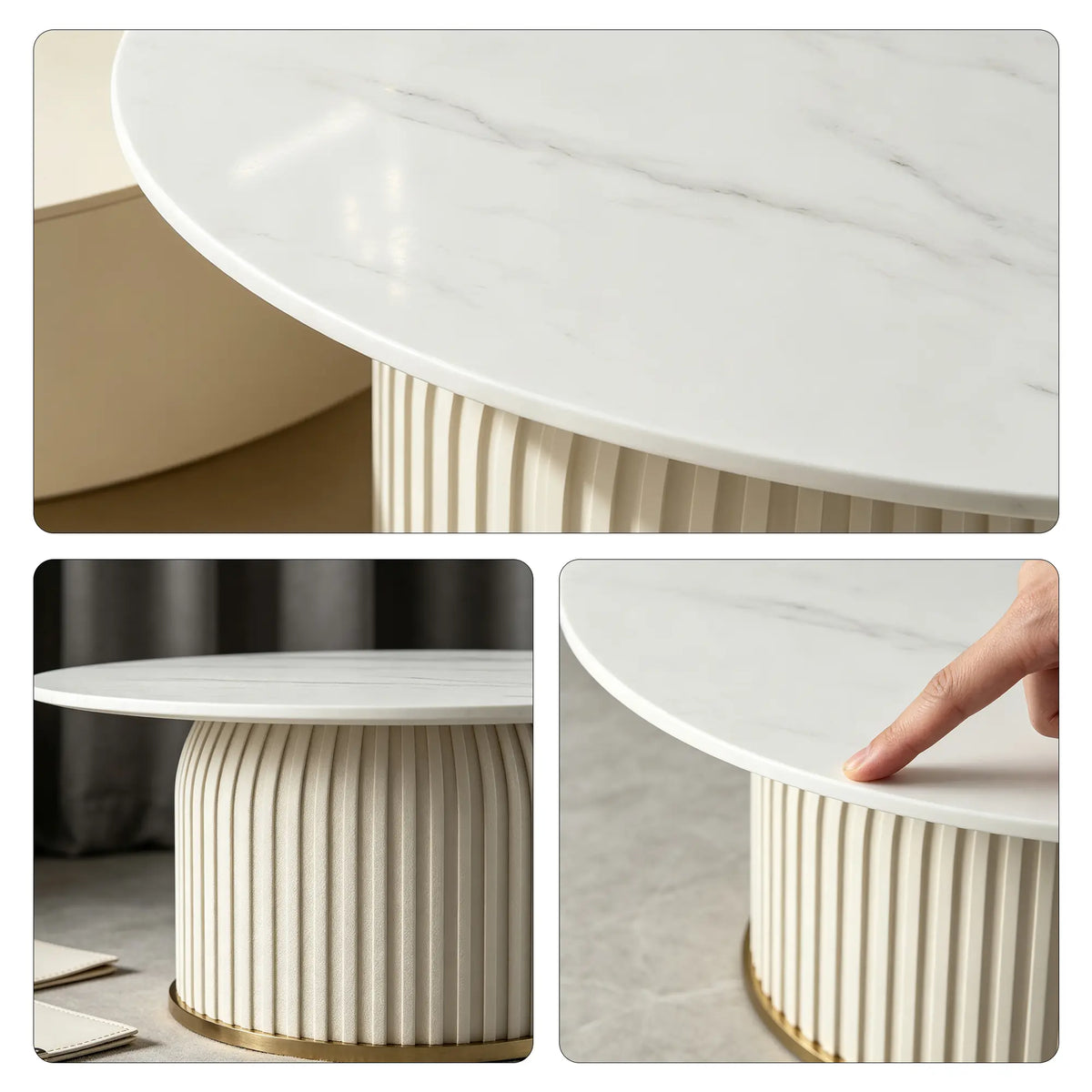 LIVARA Round Sintered Stone Coffee Table 12mm Thick Top Microfiber Leather Base Brushed Gold Trim for Living Room Apartment Lounge - White